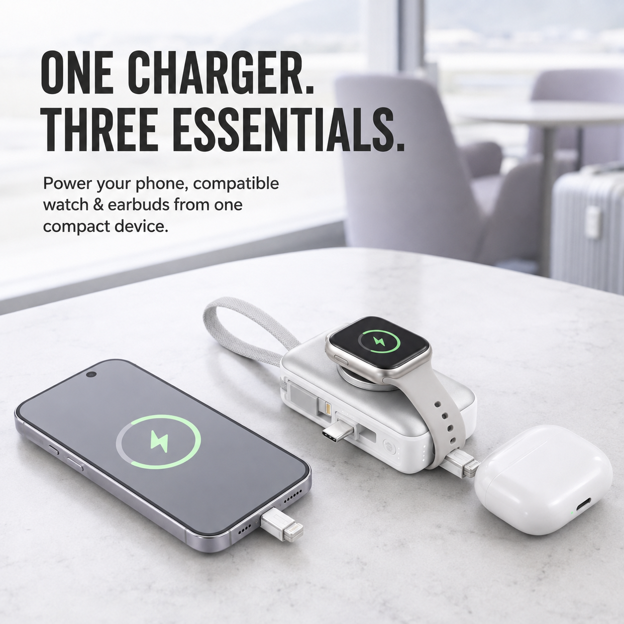 PowerGo™ 3‑in‑1 Draagbare Powerbank met Stand