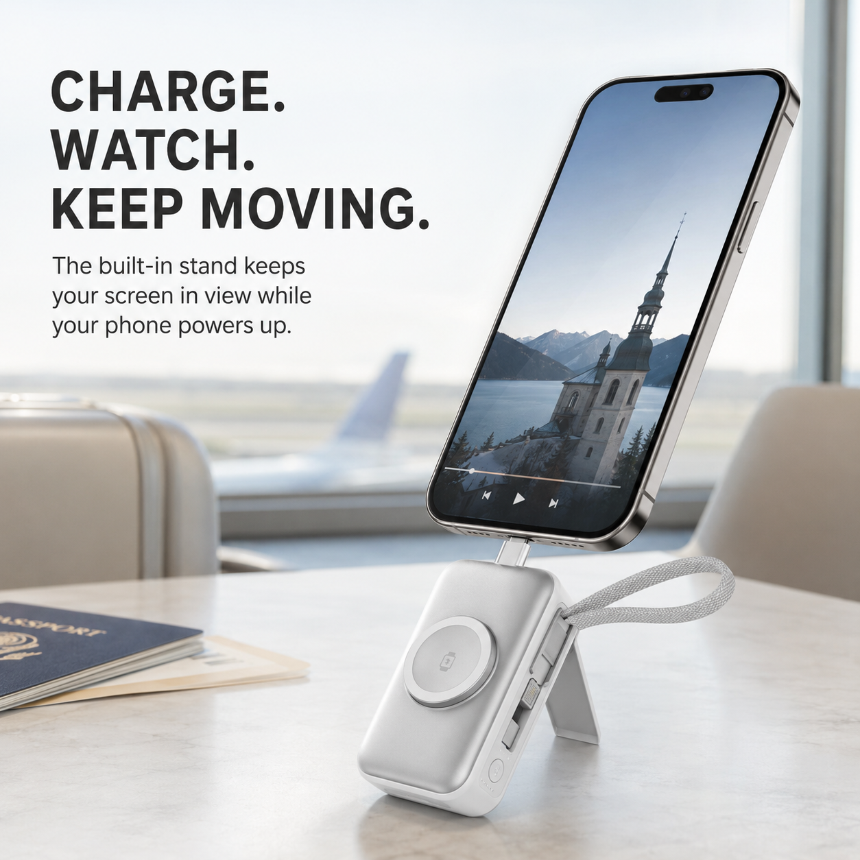 PowerGo™ 3‑in‑1 Draagbare Powerbank met Stand